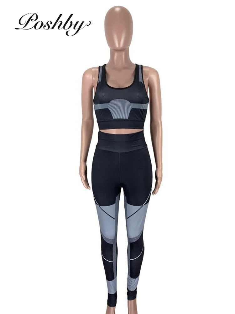 

Poshby Seamless Contrast Color Tight Crop Top Bra Vest Long Pants 2 Piece Sets Women Yoga Set Sportsuit Fitness Gym Clothing