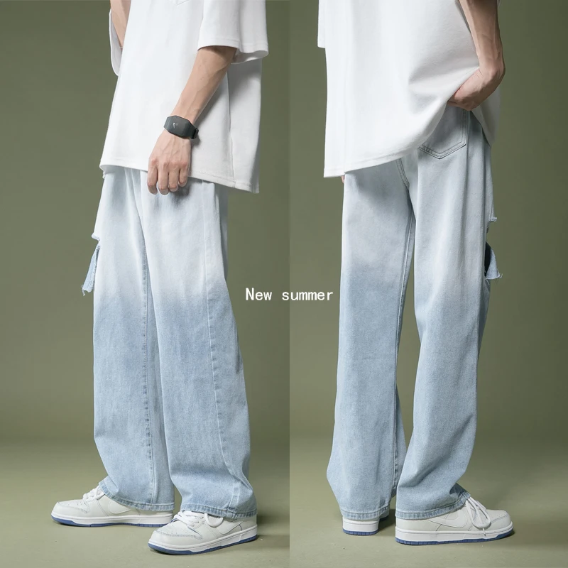 

Summer New Jeans Men Ripped Hole Straight Pants Teenager Casual Gradident Pants Kpop Clothes Hip Hop Wide Leg Long Trousers