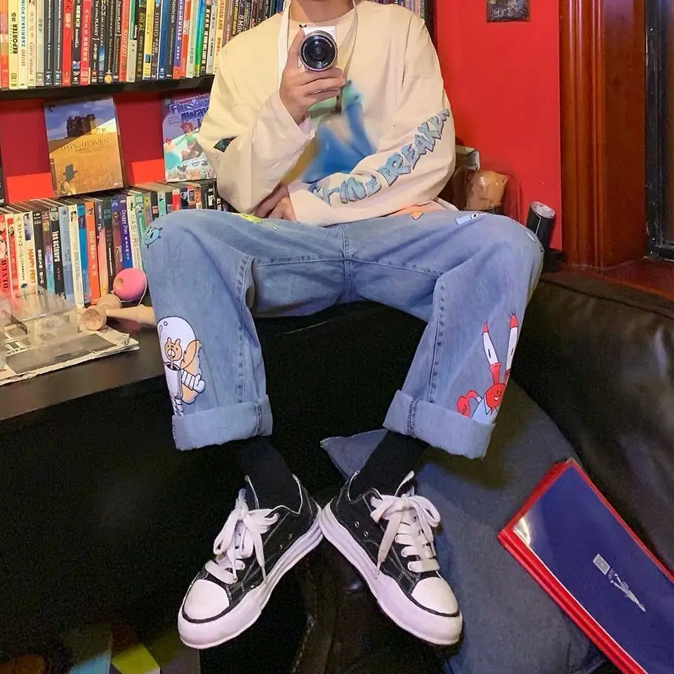 

Cartoon Jeans Men Cute Hip Hop Pants Fashion Loose Rock Jeans Harajuku Summer High Street Casual Funny Pant Streetwear Males