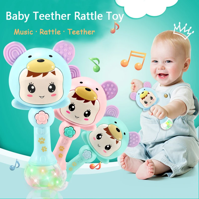 

Детский музыкальный прорезыватель, мигающая погремушка, кролик, колокольчики для рук, мобильный младенец, соска от плача, слеза, развивающа...