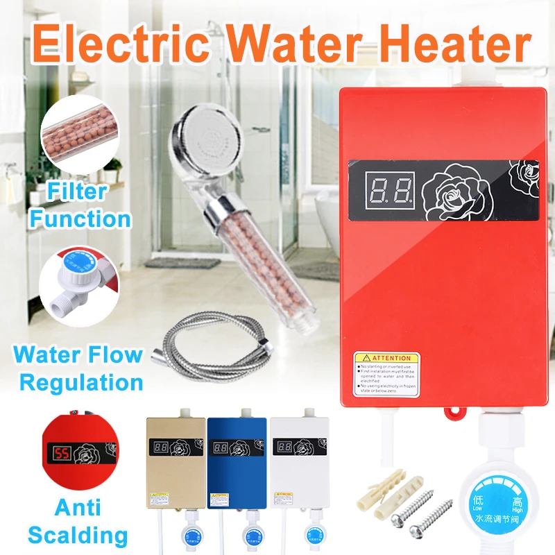 Universal 300W Electric Water Heater Instant Tankless Water Heater 220V 3KW Temperature display Heating Shower+Shower Nozzle