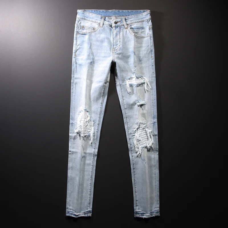 American Street Style Fashion Men Jeans Retro Light Blue Slim Ripped Jeans Men Patches Designer Hip Hop Denim Punk Pencil Pants