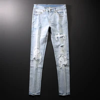 american street style fashion men jeans retro light blue slim ripped jeans men patches designer hip hop denim punk pencil pants
