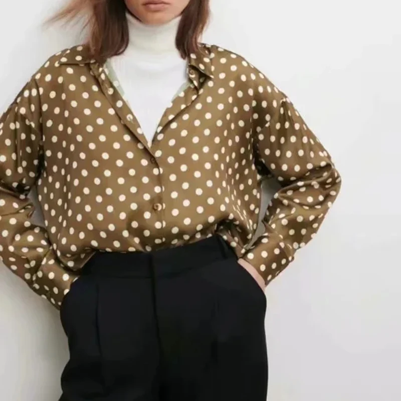 

Повседневный Свободный Топ, женская блузка с принтом в горошек, универсальная Модная рубашка с длинным рукавом