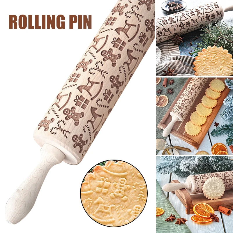 Wooden Rolling Pin Christmas Element Embossed Rolling Pin Delicate Professional Dough Roller For Kitchen Kitchen Accessories
