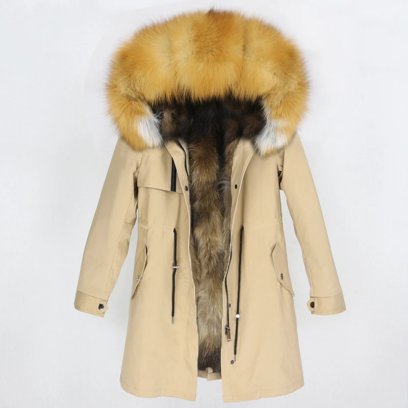 beige gold OFTBUY, водонепроницаемая парка, пальто из натурального меха, зимняя куртка для женщин, натуральный мех енота, меховой воротник, Лисий мех, подкладка, теплая Толстая Уличная верхняя одежда - Цвет: beige gold