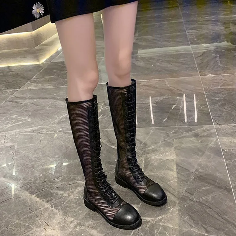 

Shoes Med Heel Boots Boots-Women shoes Lace Up 2021 Flat Rock White Elegant Over-the-Knee Ladies Summer Lace-Up Cotton Fabric Ba