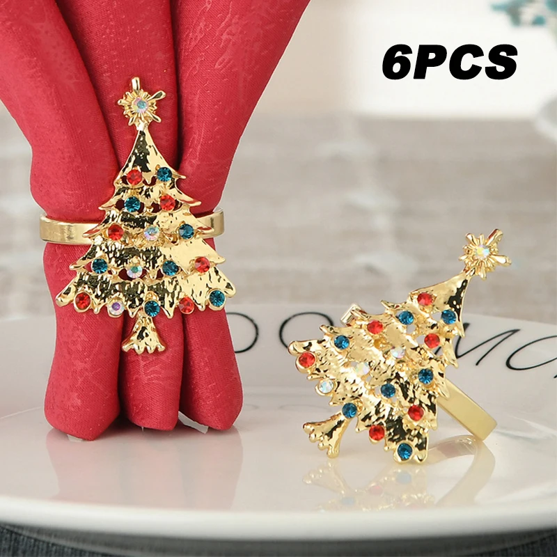 

6pcs Diamond-studded Christmas Tree Napkin Buckle Hotel Tabletop Paper Towel Decoration Ring Tableware Decor