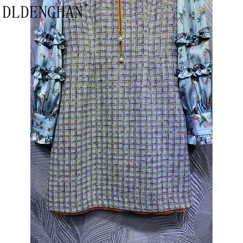 

DLDENGHAN Fashion Flower Print Dress Women's Lantern Sleeve Ruffles Tweed Patchwork Dresses Designer Autumn Winter New