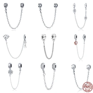 Hot sale 925 Sterling silver Sparkle Flower Safety Chain Charm Bead Fit Original Pandora Bracelet Pe