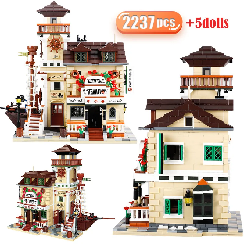

2237 Pcs MOC City Fisherman Houseboat Restaurant Architecture Model Building Blocks Tower Bricks Educational Toy for Kids Gifts