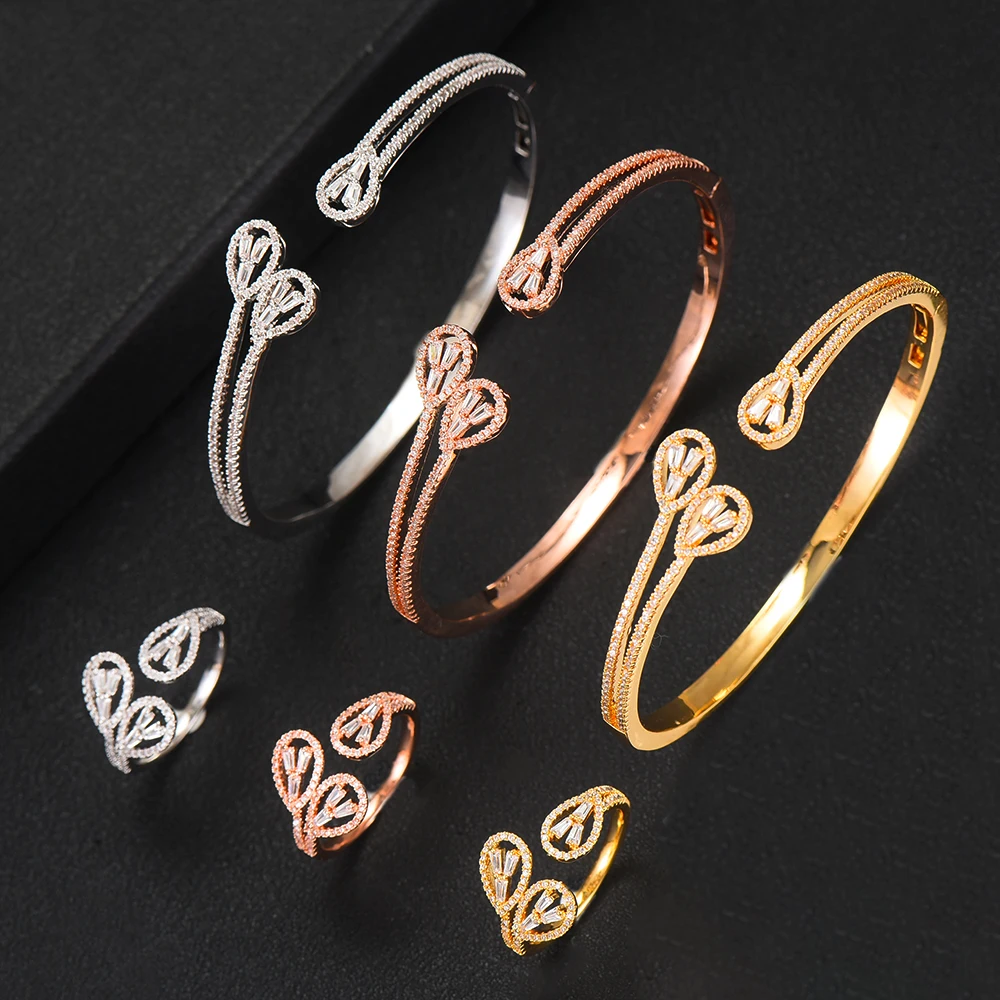 

LARRAURI Romantic Exclusive Sweet Charm Open Bangle Ring Jewelry Sets for Women Accessories Full Clear Cubic Zirconia Jewelry