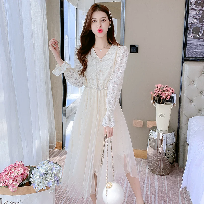 

COIGARSAM Women Dress Autumn 2021 New Office Lady Korea Style Long Sleeve Solid Lace High Waist V-Neck Dresses Traf Robe