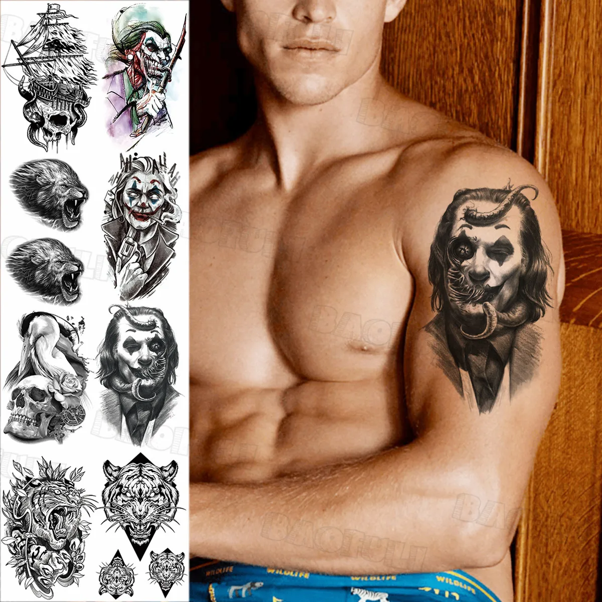 

Временные татуировки для мужчин и женщин, клоун Мамба, змея, пиратский череп, животные, фламинго, тату-наклейки на Хэллоуин, праздничные тату...