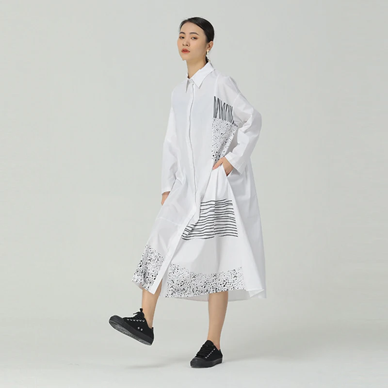 

CHICEVER Print Dress For Women Lapel Long Sleeve Hit Color Oversized Designer High Street A Line Mid Dresses Female 2021 Clothes