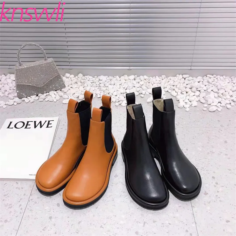 Осенние Новые короткие ботинки женские из натуральной кожи на плоской подошве