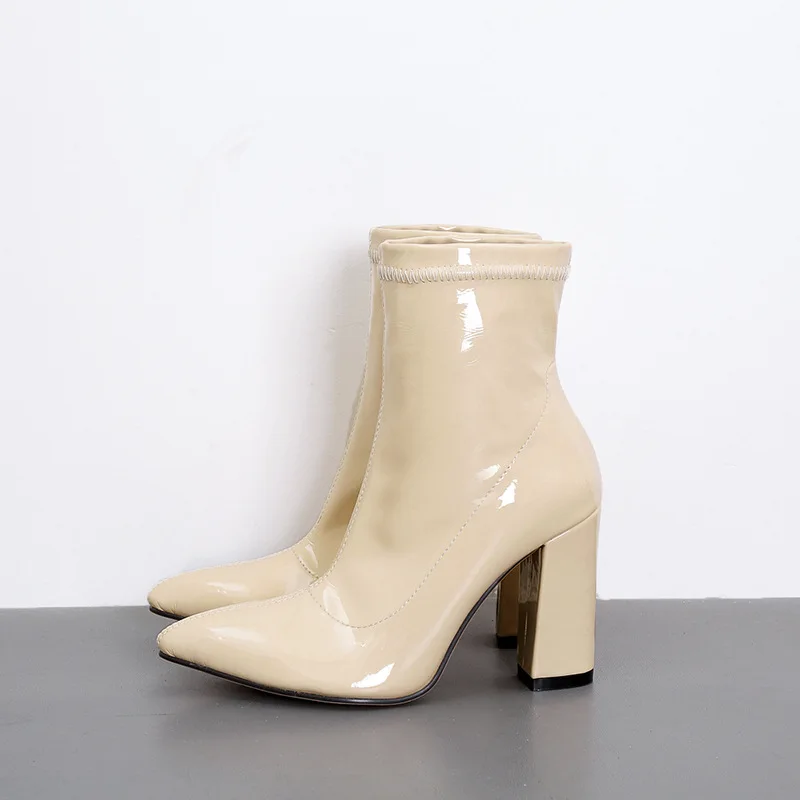 Брендовые ботильоны из лакированной кожи с острым носком ботинки на высоком