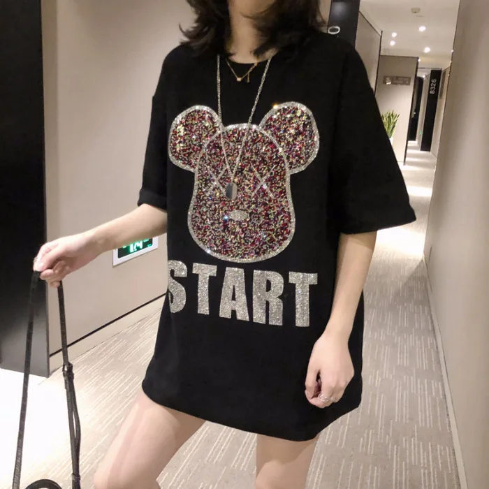 

New Women's T-shirt Cartoon Diamond Flash Bear Print Womens Short Sleeve 2021 Summer Harajuku Oversize Cotton Womens Tops Tee