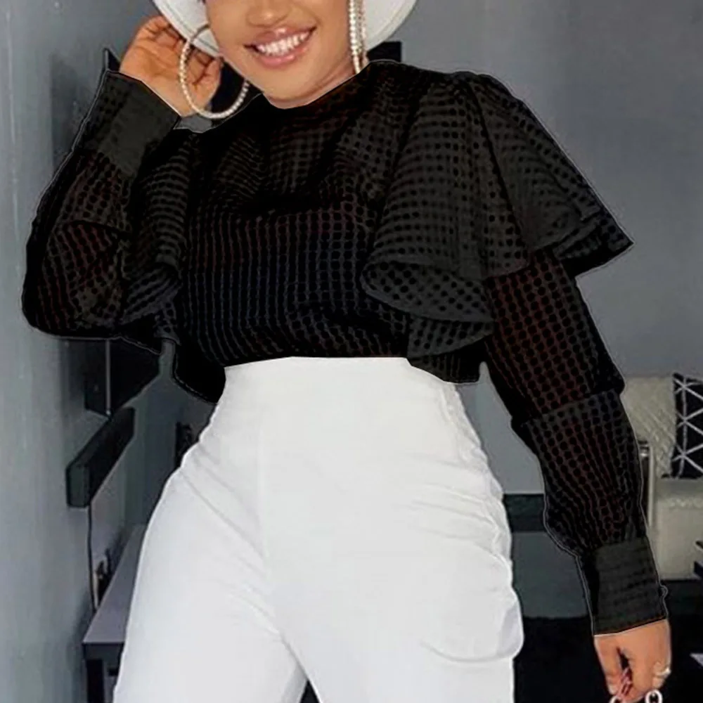 

Autumn Long Sleeve Ruffle Blouse Women Tops Black White Round Neck Sexy Shirt Hollow See Through Office Lady Tee Plus Size Young