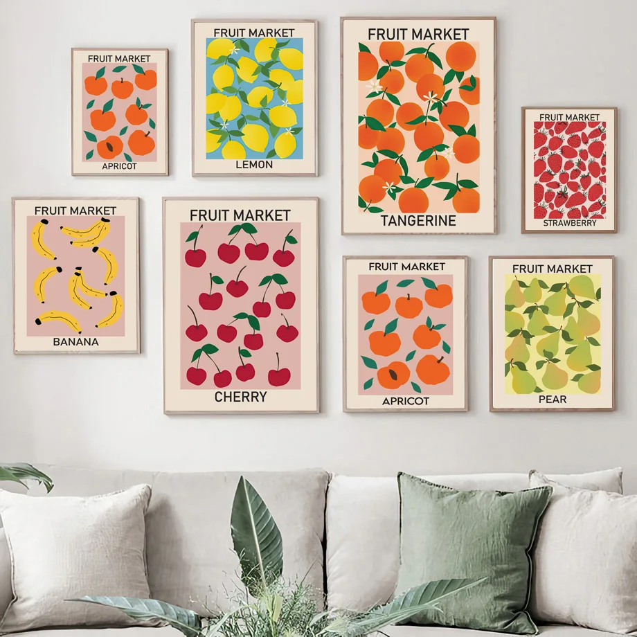 

Fruit Market Cherry Lemon Pear Banana Orange Vintage Posters And Prints Wall Art Canvas Painting Wall Pictures Kitchen Decor
