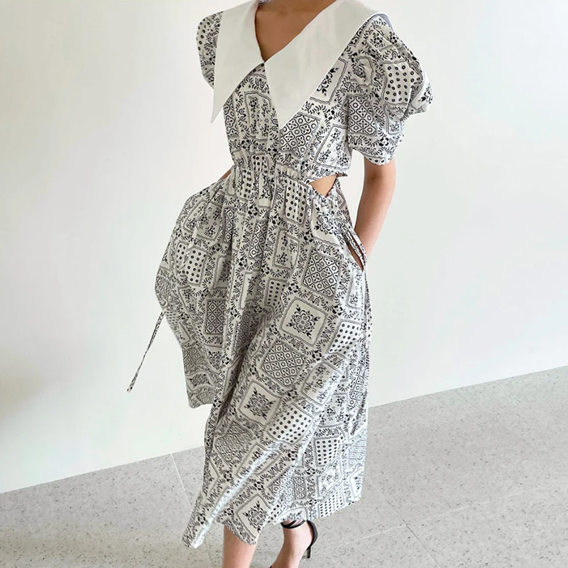 

Summer New Fashion Vestidos Female Retro Printing Pointed Lapel Contrast Color Leaking Waist Loose Puff Sleeve Midi Dress KK400