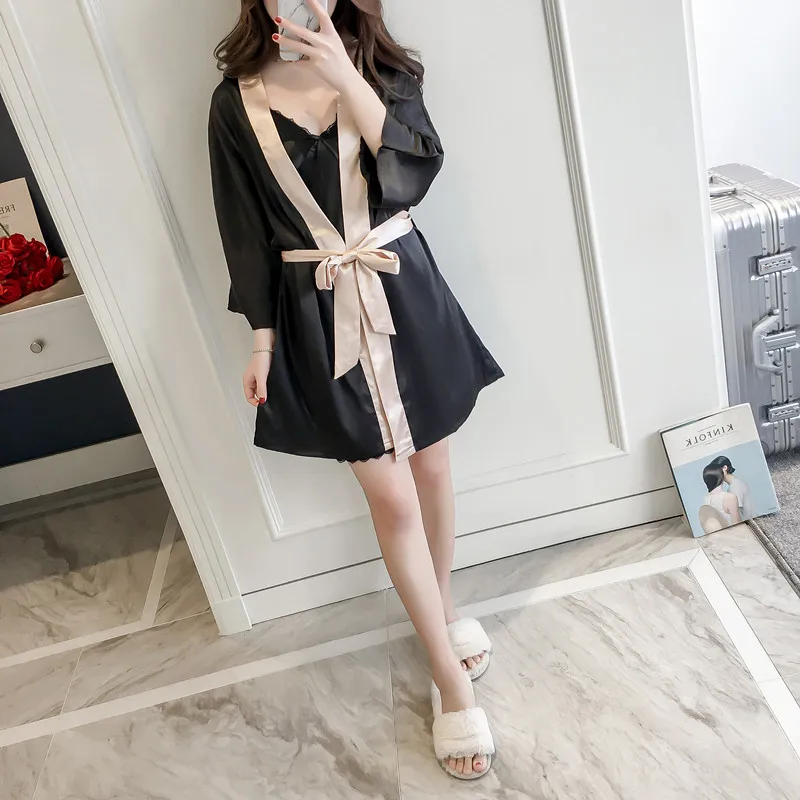 Женский халат платье комплект Женская кружевная атласная ночная рубашка из двух