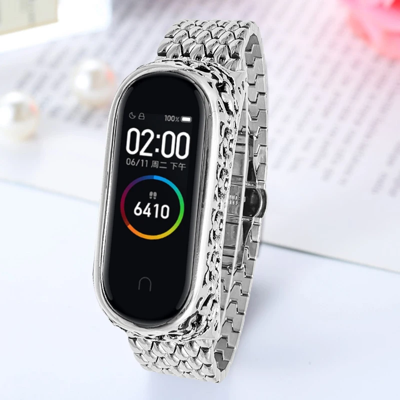 Для Xiao mi band 4 3 ремешок на запястье ремешок для часов резьба процесс Обложка для mi Band 4 3 Correas de reloj женский браслет металлический ремешок
