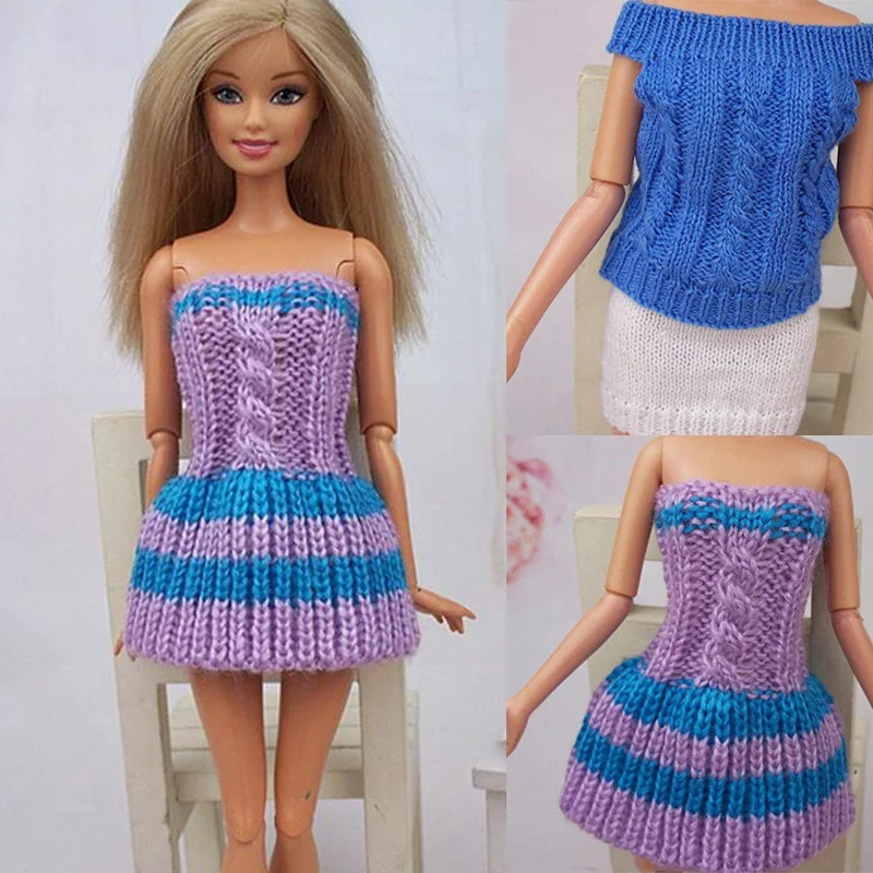 Трикотажная одежда с открытыми плечами свитер юбка платье для куклы Барби наряды