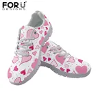 Женские сетчатые туфли на плоской подошве FORUDESIGNS, износостойкие кроссовки розового цвета с рисунком сердечек, дышащая обувь на плоской подошве для дам