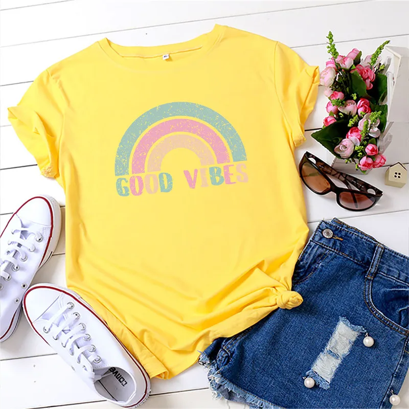 

Good Vibes Summer T Shirt Women Cotton Colorful Rainbow Graphic Tees Casual Short Sleeve O-neck T-shirts Plus Size Tops