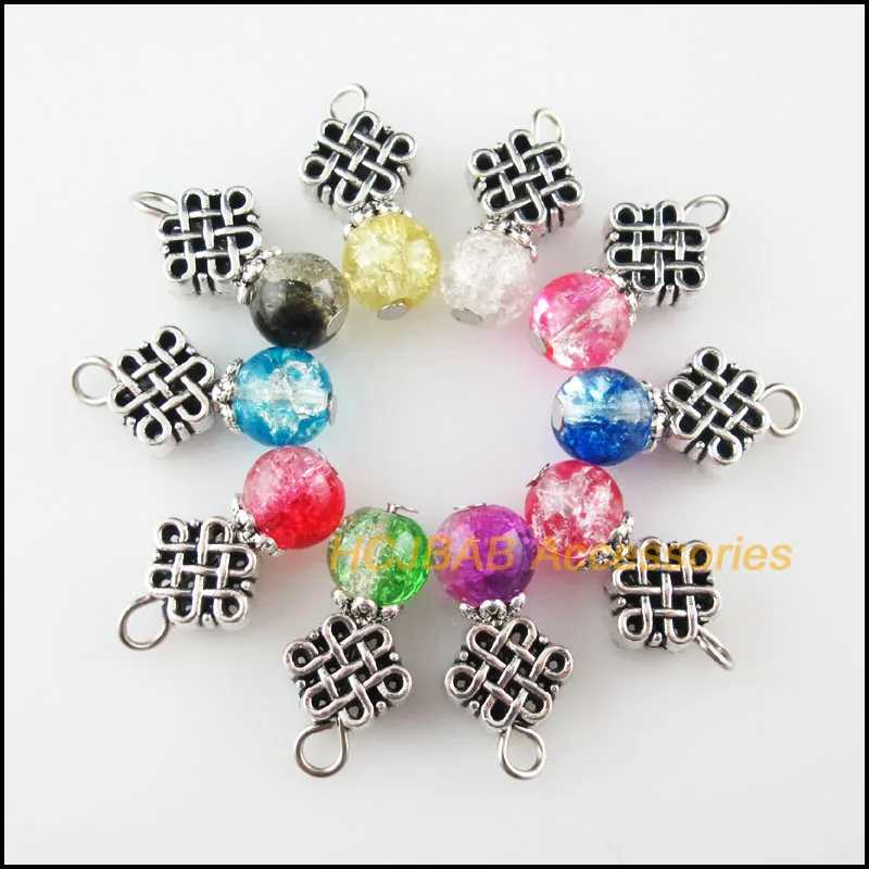 

20Pcs Tibetan Silver Tone Chinese Knot Mixed Round Glass Beads Charms Pendants 11x22mm