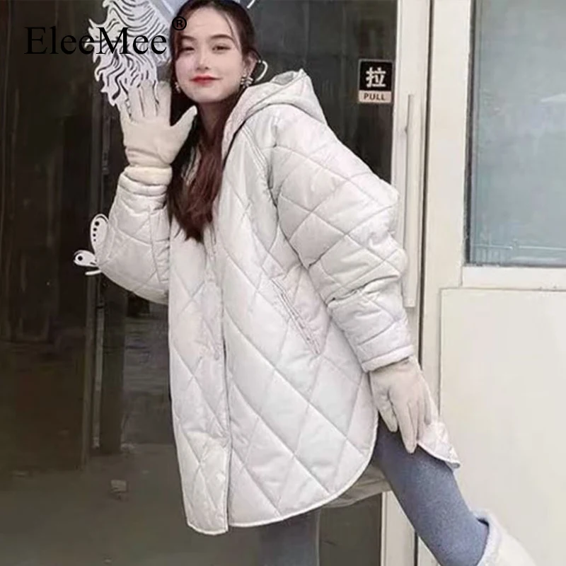 

EleeMee пуховик с узором ромбиками длинное пальто с капюшоном модное ежедневное однотонное женское теплое зимнее пальто ежедневный универсал...