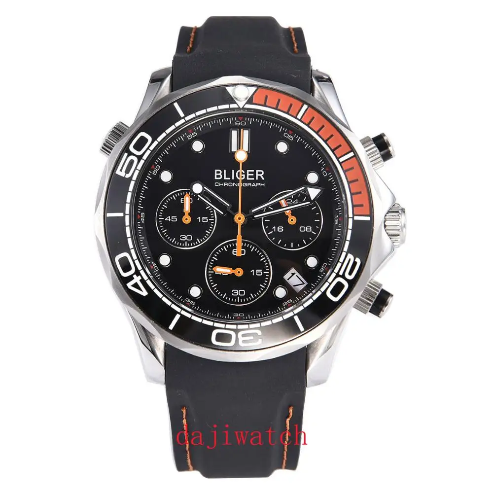 Мужские кварцевые часы с хронографом BLIGER черные оранжевые керамическим корпусом