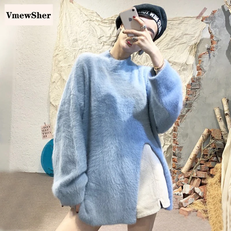 

Vmewsher New Elegant Long Sweater Women Long Faux Mink Hair Plush Soft Knitwear Fashion Split Hem Pullover Mock Neck Knit Top