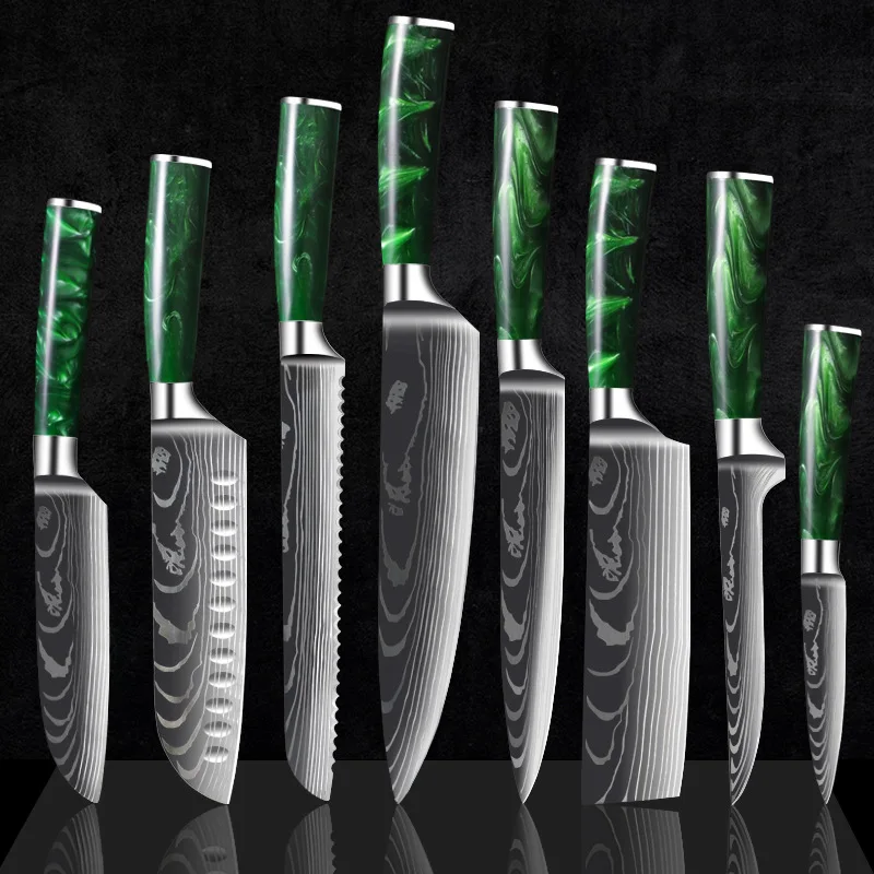 

1/8Pcs Set Green Resin Handle Chef Japanese 5CR15 Stainless Steel Damascus Gyuto Meat Cleaver Slicer Santoku Kitchen Cook Tools
