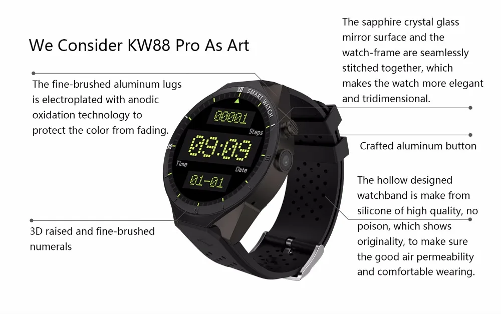 Kingwear Смарт часы KW88 pro Android 7,0 1 Гб оперативной памяти, 16 Гб встроенной памяти, gps Фитнес отслеживание сердечного ритма MP3/MP4 плеер Смарт-часы для мужчин женщин pk X200
