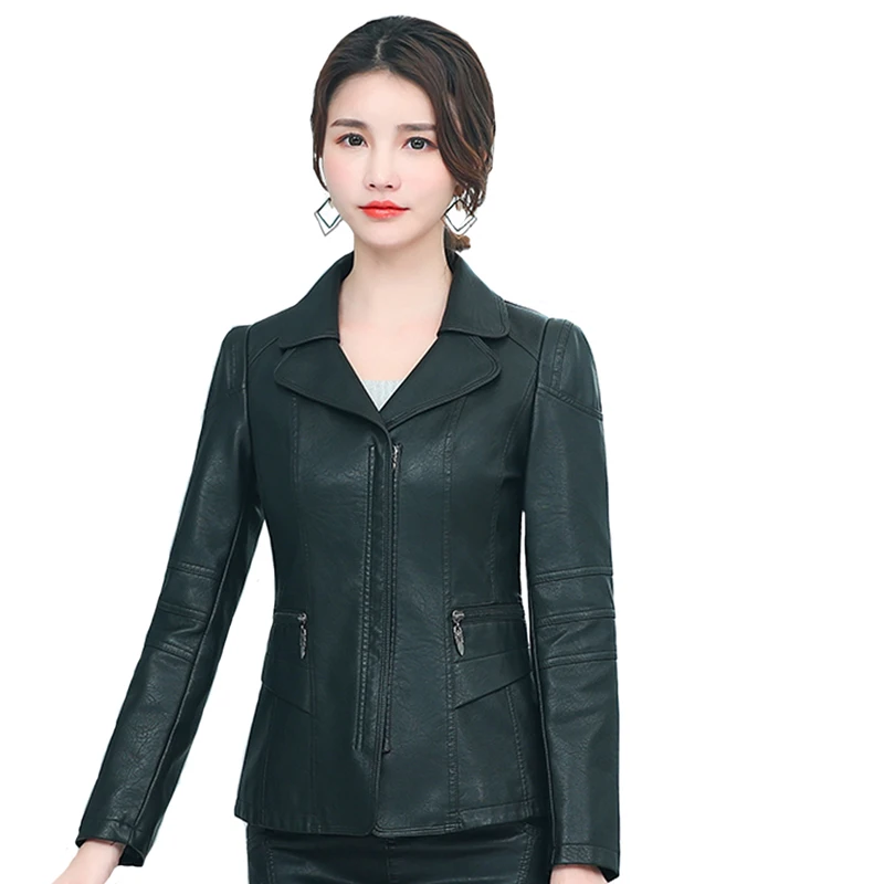 

Women Leather Jacket Autumn Spring Fashion Turn Down Collar Zipper Black Faux Leather Jacket Women PU Leather Coat