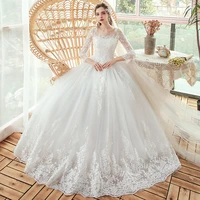 vestidos de novia 2021 new o neck three quarter sleeve plus size wedding dress for women lace flower lace up princess ball gown