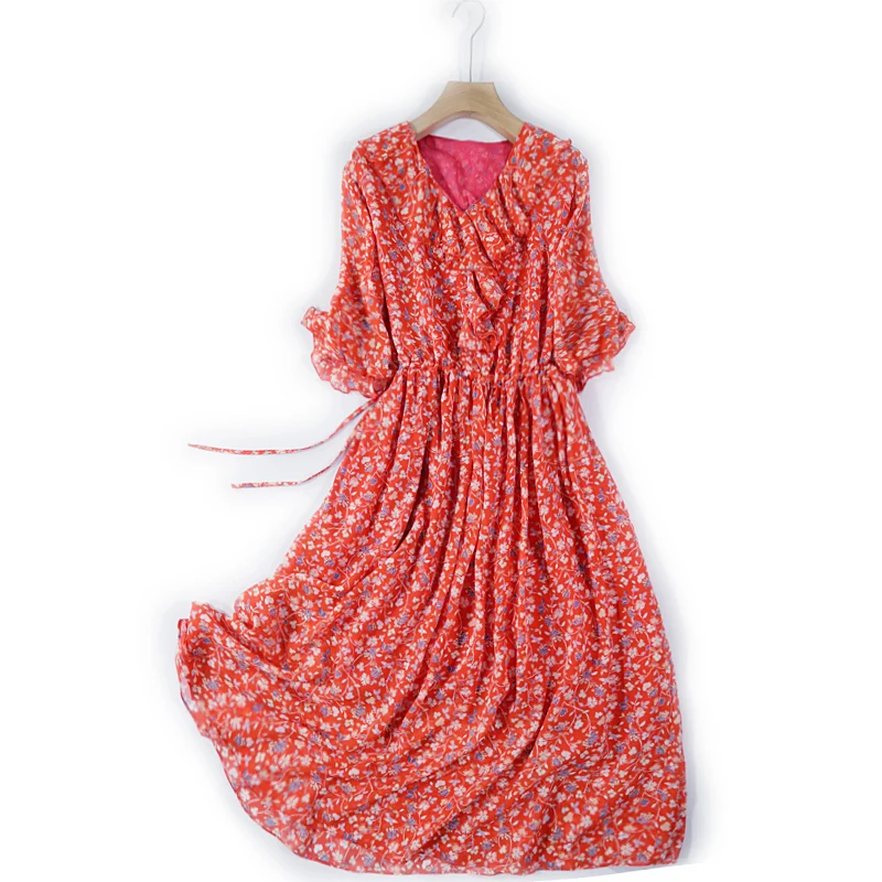 

SHUCHAN Ruffles Bohemian Print Women Dress V-Neck Mid-Calf Summer Butterfly Sleeve Women's Chiffon Summer Dress