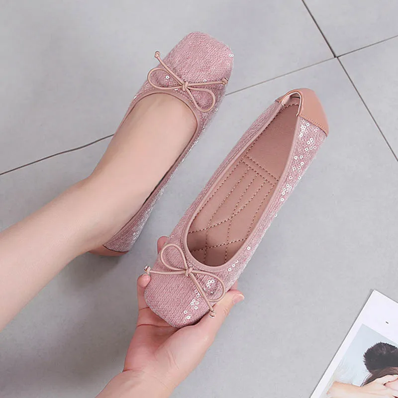 

Solid Bling Butterfly-Knot Square Toe Work Shoes Womens Luxury Designer Shallow Non Slip Flat Shoes Vintage Classic Casual Shoes