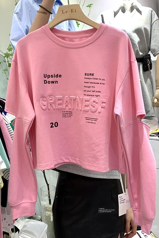 

2021 Spring New Korean Three-Dimensional Letter Printing Loose All-Match round Neck Ripped Long Sleeve Casual Sweatshirt Women