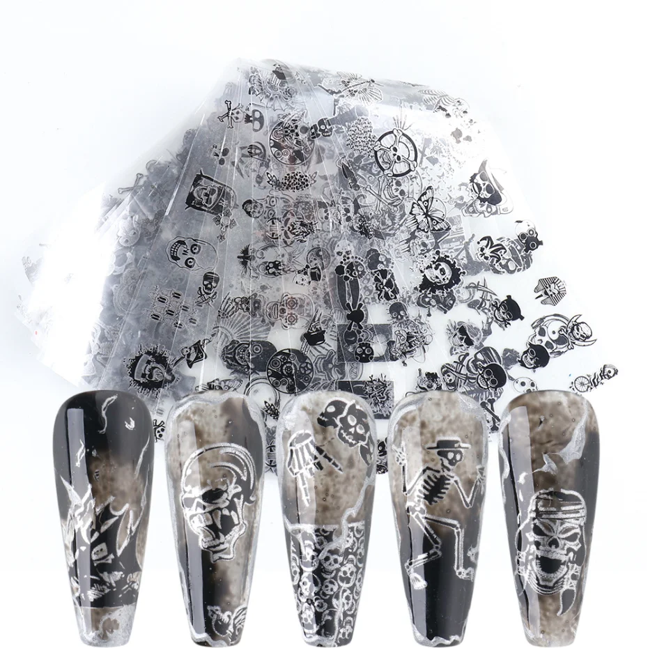

10 шт., черные Фольга для перевода на ногти с рисунком черепа, декоративный для маникюра DIY, классные персонализированные наклейки для ногтей,...