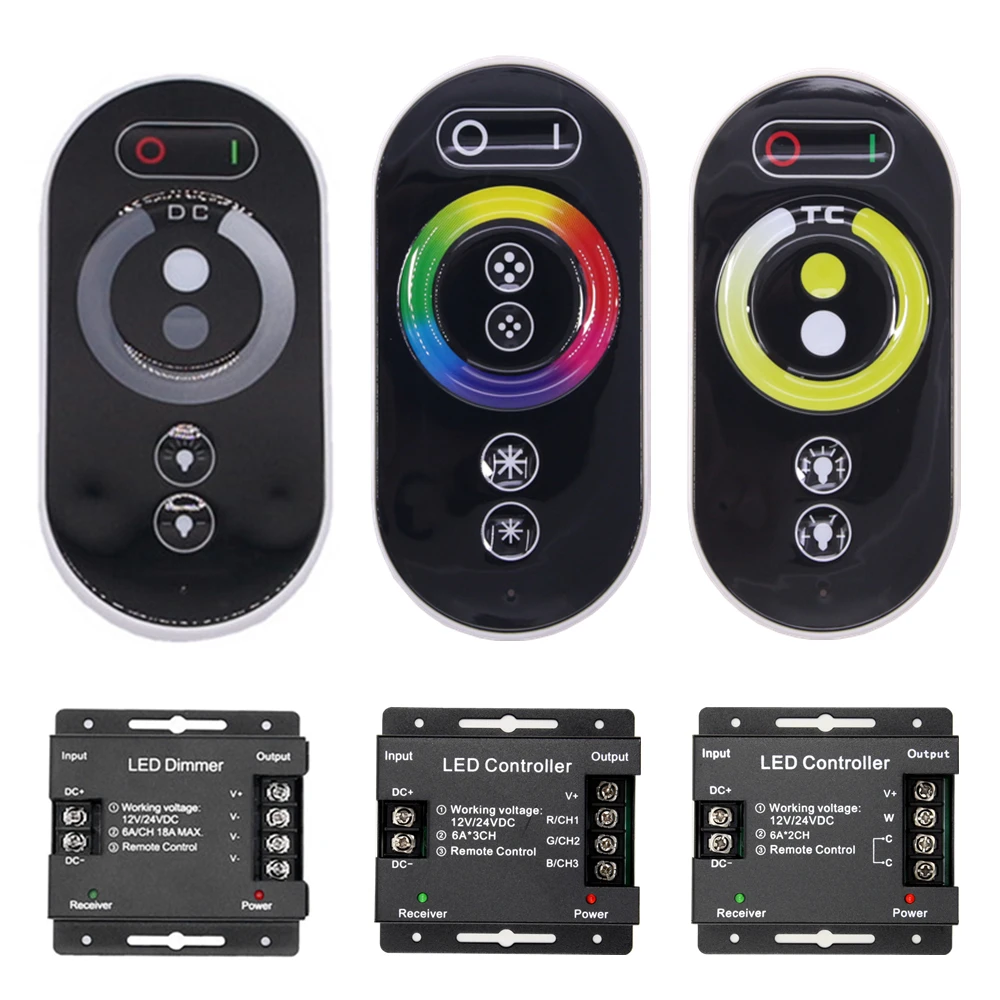 

DC 12-24V 6A/CH 3Channel Single Color Double Color Black RF LED Controller Full Touch RGB Remote Controller For LED Strip Light