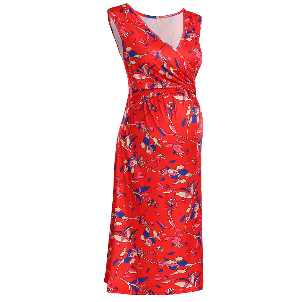

LONSANT Pregnancy Dresses Women Sleeveless V-neck printed flowers nursing Dress breastfeeding Maternity Dress Lady Clothes 2020