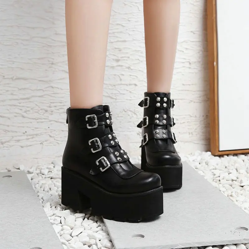 

Sianie Tianie Punk Goth Woman Winter Shoes Platform Wedges Heels Buckle Strap Womens Ankle Boots With Studded Rivets Size 33-46