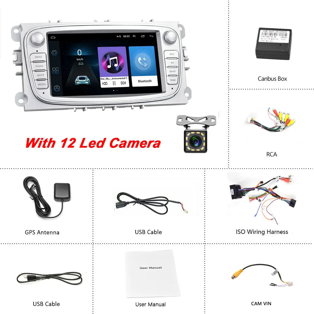 Silver With 12 LED Camecho Android 8,1 Автомобильный мультимедийный плеер gps автомобильный Радио 2 Din dvd Авторадио для FORD/Focus 2 Mk2/Mondeo/S-MAX/C-MAX/Galaxy DVR - Цвет: Silver With 12 LED