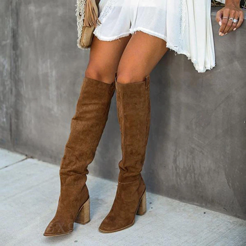 

Women Knee High Boots Women's Roman Retro Shoes Woman Sexy High Heels Ladies Solid Suede 2020 Female Autumn Winter Long Boots