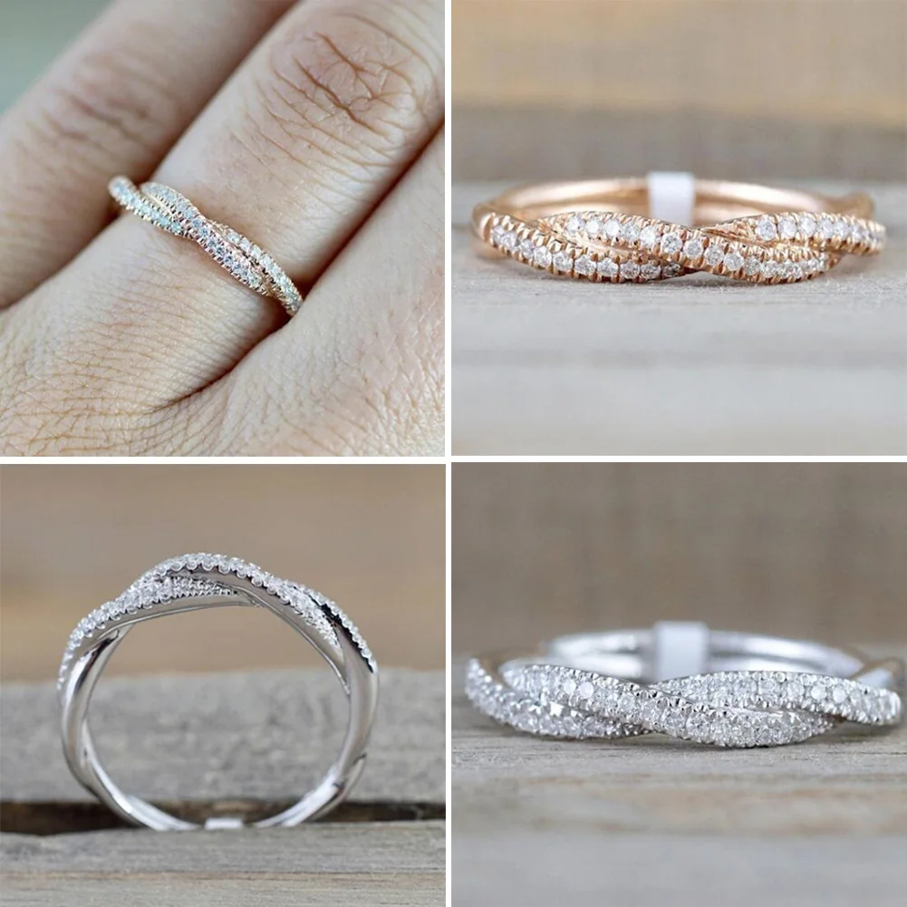 

Thin String Twist Ring Rose Gold Color Mini Finger Ring Micro Crystal Full Pave Setting Nobility Cute Jewelry