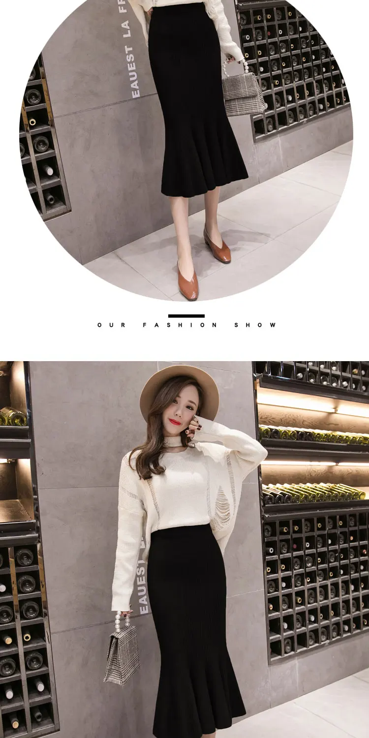 New Elegant Autumn Winter Knit Skirts Women Sweater Bodycon Mermaid Office Lady Work Wear Ruffles Skirt Chic saias faldas