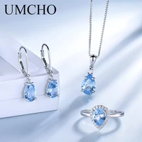 umcho jewelry set blue topaz ring earrings pendant 925 sterling silver ladies jewelry set handmade enamel